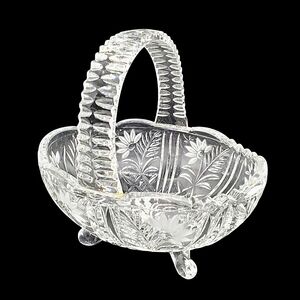 4 Footed Crystal Oval Basket w/Frosted Etched Flowers & Wide Ribbed Hand…